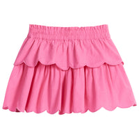 Girls/Tween woven hot pink two tiered skort. Skort features an elastic waistband and has built in shorts underneath for a relaxed but secure fit.