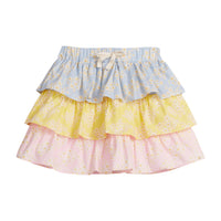 Girls/Tween woven three tiered skort in a blue/pink/yellow floral pattern. Skort features each tier with a different color arrangement, elastic waistband, built in shorts, and fixed ties for a relaxed but secure fit.