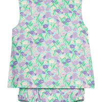 BISBY baby girl woven bloomer set in a blue/green/purple floral print. Top features two button closure at back of neckline and ruffle at neckline as well. Bottoms feature elastic at stride and waistband for a relaxed but secure fit.