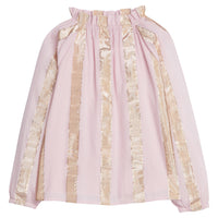 Girls/Tween woven top in our Pink Metallic Stripe pattern which has thick pink and gold metallic stripes. The neckline is elastic, along with the cuffs on the sleeves, and has ruffles on the top. Top is also made from a lightweight woven material-BISBY