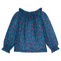 Navy ruffleneck flowy top with red roses/green leaves--ToryTop BISBY girls/teens