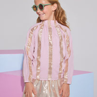 Girls/Tween woven top in our Pink Metallic Stripe pattern which has thick pink and gold metallic stripes. The neckline is elastic, along with the cuffs on the sleeves, and has ruffles on the top. Paired back perfectly with our circle skort in gold metallic to complete the look.