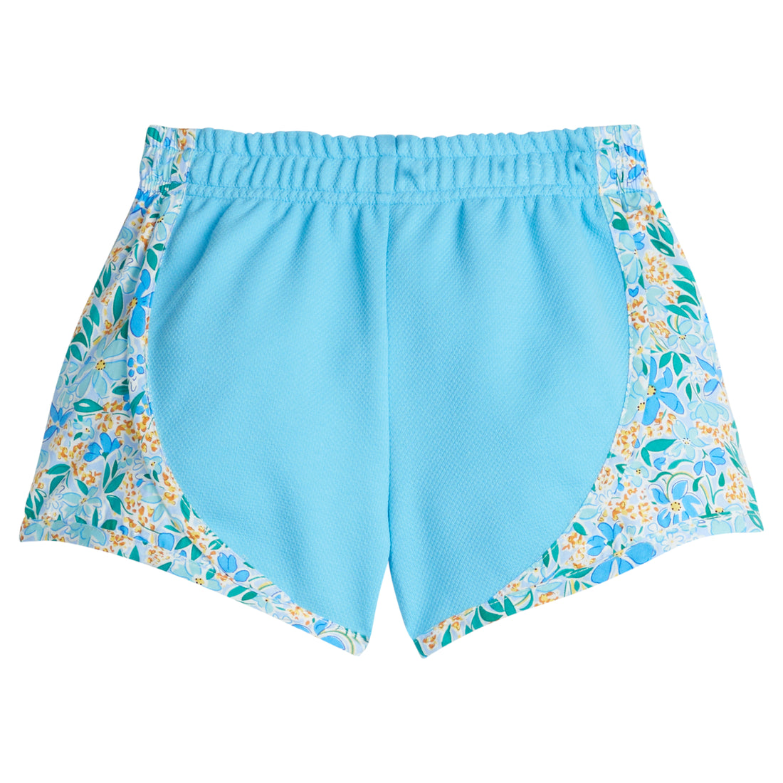 Girl/Tween basic blue athletic type track short with blue/yellow/white pattern print along outside of shorts.