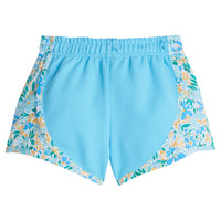 Girl/Tween basic blue athletic type track short with blue/yellow/white pattern print along outside of shorts.