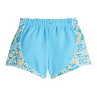 Girl/Tween basic blue athletic type track short with blue/yellow/white pattern print along outside of shorts.