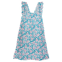 Girl/tween dress with adjustable ruffle straps and has a pink and turquoise print floral pattern on top of white background.