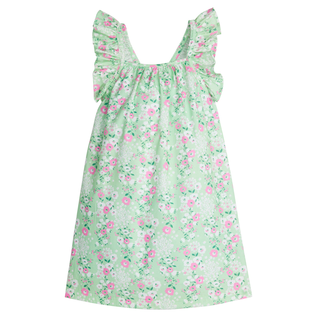 Girl/Tween woven  dress with adjustable ruffle straps and has a light green/white/pink  floral pattern.