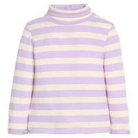 Girls/tween striped knit long sleeve with purple and cream horizontal stripes.