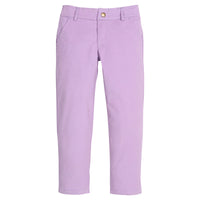 Girls/tween lavender corduroy pants that feature functional pockets and snap button closure.,