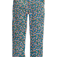 Dark Turquoise blue pant with orange/red floral design corduroy straight leg pant--TwiggyCords BISBY girls/teens