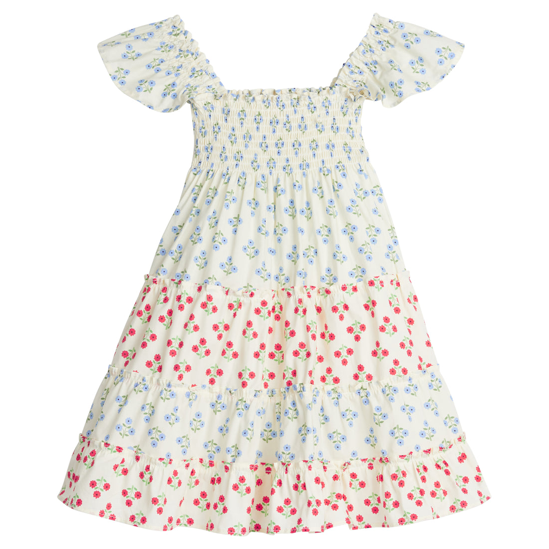 Girls/Tween woven dress with blue and red floral print. Dress features angel sleeves and ruching at bust for a comfy and airy fit.