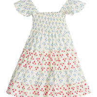 Girls/Tween woven dress with blue and red floral print. Dress features angel sleeves and ruching at bust for a comfy and airy fit.