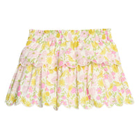 BISBY girl woven two tiered skort in a pink and yellow floral. Skort features built in shorts, cream embroidery along scallops, and elastic waistband.