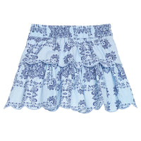 BISBY girl woven two tiered skort in a light blue and navy blue bandana print. Skort features built in shorts, elastic waistband, and light blue embroidery at scallop edge to elevate the look.