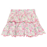 BISBY girl woven two tiered skort in a pink/green floral print. Skort features built in shorts, elastic waistband, and hot pink embroidered scallops to complete and elevate the look.