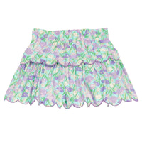 BISBY girl woven two tiered skort in a blue/purple/green floral print. Skort features built in shorts, elastic waistband, and purple embroidered scallop edge to complete and elevate the look.