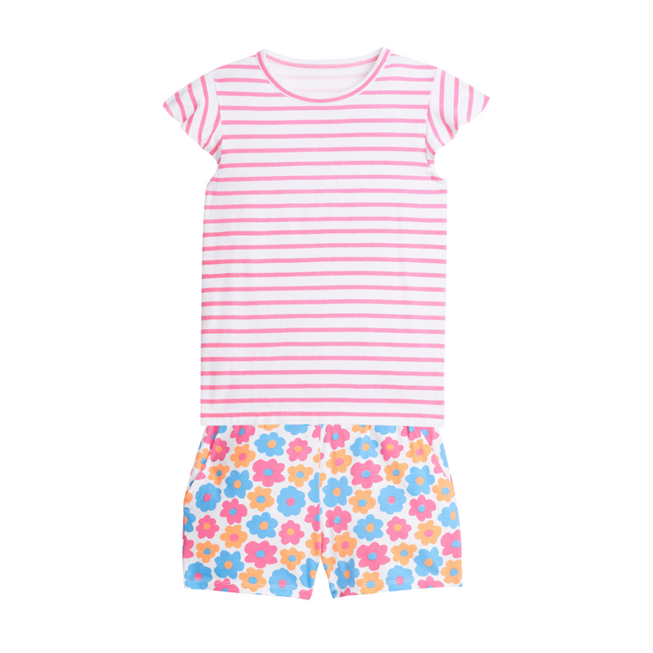 pink striped shirt and floral shorts for little girls