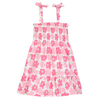 BISBY girl woven dress in a pink floral print. Dress features faux tie detail on straps, smocking across chest, and a bottom tier detail for an elevated look.