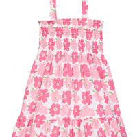 BISBY girl woven dress in a pink floral print. Dress features faux tie detail on straps, smocking across chest, and a bottom tier detail for an elevated look.