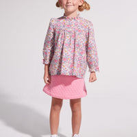 pink quilted pull on cotton mini skirt for tweens with pink floral top for
