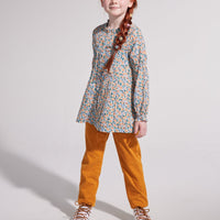 girls tween clothing flowy floral blue and yellow blouse with pleats on chest and ruffles at collar