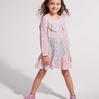 mixed blue and pink florals on long sleeve cotton ruffle dress for tweens