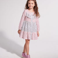 mixed blue and pink florals on long sleeve cotton ruffle dress for tweens
