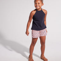 tween girls shorts with navy and rose geometric patterns