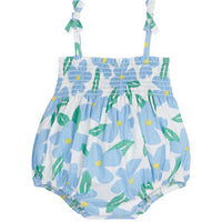 baby girl bubble with ruched chest, spaghetti straps with bows in a blue floral pattern