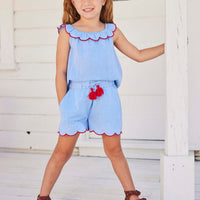 tween girls chambray shorts with red tassels and red trim