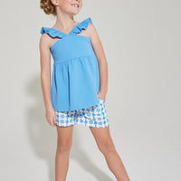 tween girls shorts with blue floral and geometric pattern