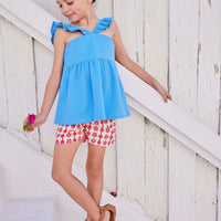 tween girls blue pique top with ruffled sleeves