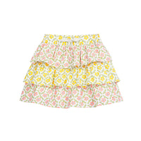 tween girls tiered mini skirt in colorblock yellow and pink floral patterns