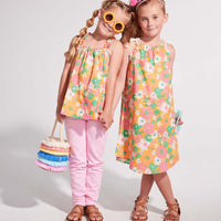 tween girls orange pink and green daisy print dress with tie straps