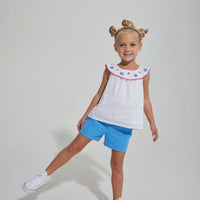 tween girls white tip with embroidered and pom pom trim neckline