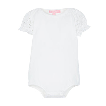 BISBY baby girl bubble with eyelet details on the sleeves and buttons at the stride.