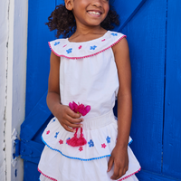 tween girls white tip with embroidered and pom pom trim neckline