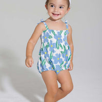 baby girl bubble with ruched chest, spaghetti straps with bows in a blue floral pattern