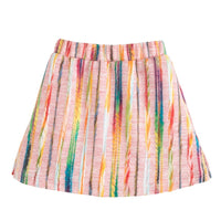 Girls/tween mini skort in a pink multi color wool material. Skort features an elastic waistband and built in shorts for a secure but relaxed fit.