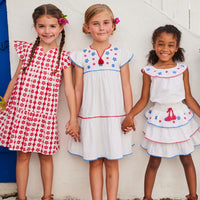 tween girls white tip with embroidered and pom pom trim neckline
