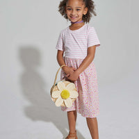 tween girls pink and white striped dress with pink floral skirt