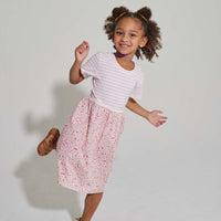 tween girls pink and white striped dress with pink floral skirt