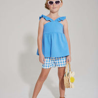 tween girls blue pique top with ruffled sleeves