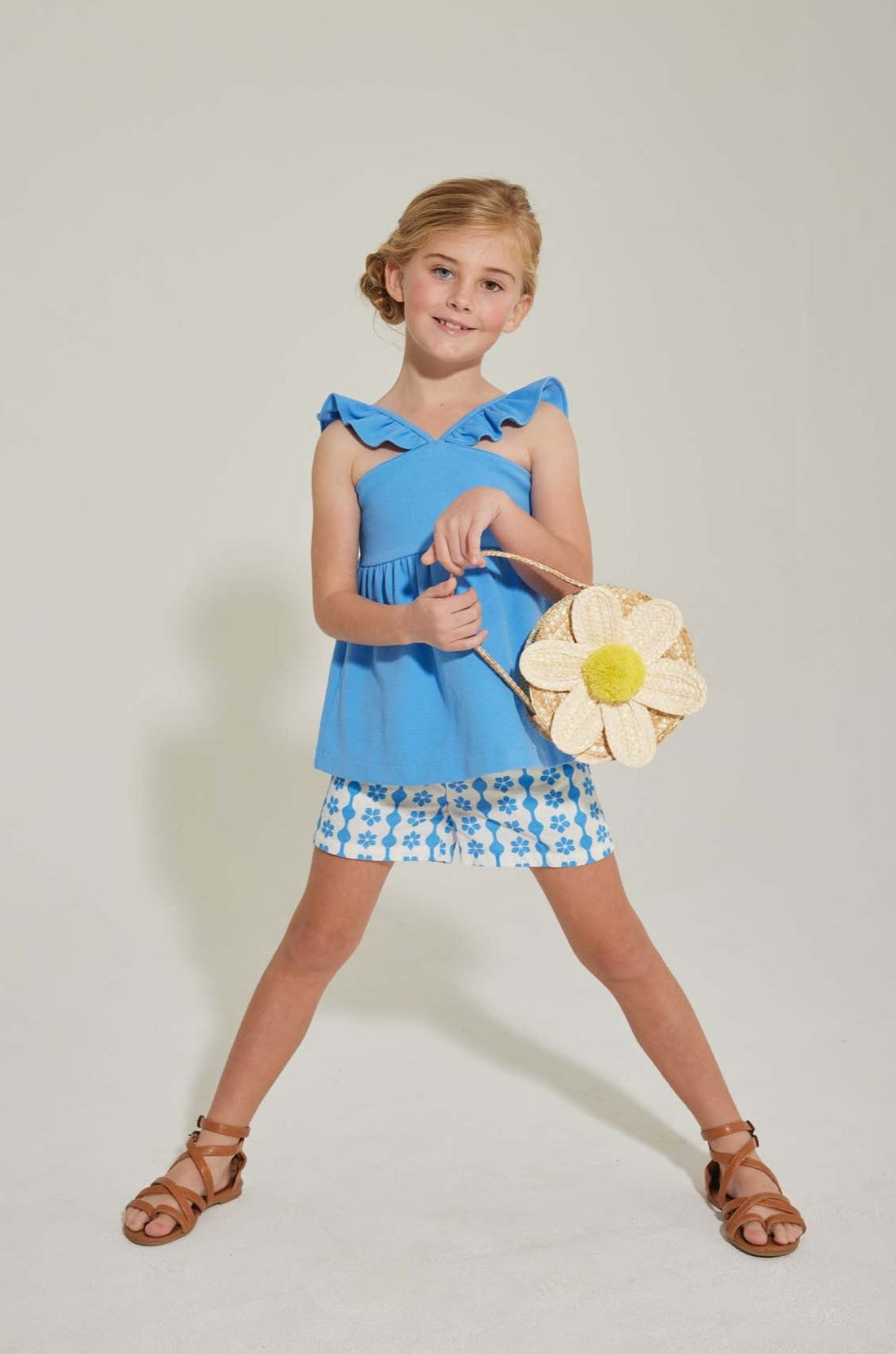 tween girls shorts with blue floral and geometric pattern