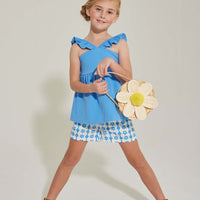 tween girls shorts with blue floral and geometric pattern
