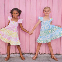 girls tween green and blue colorblock dress with ruffle sleeves with daisies