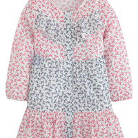 mixed blue and pink florals on long sleeve cotton ruffle dress for tweens