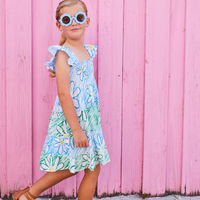 girls tween green and blue colorblock dress with ruffle sleeves with daisies