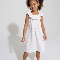 tween girls cotton shift dress with pink and aqua stripes with ruffles neckline