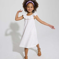 tween girls cotton shift dress with pink and aqua stripes with ruffles neckline